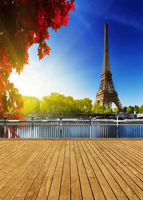 

8x12FT Blue Sky Paris Eiffel Tower River Ship View Wooden Balcony Custom Photo Background Studio Backdrop Vinyl 240cm x 360cm