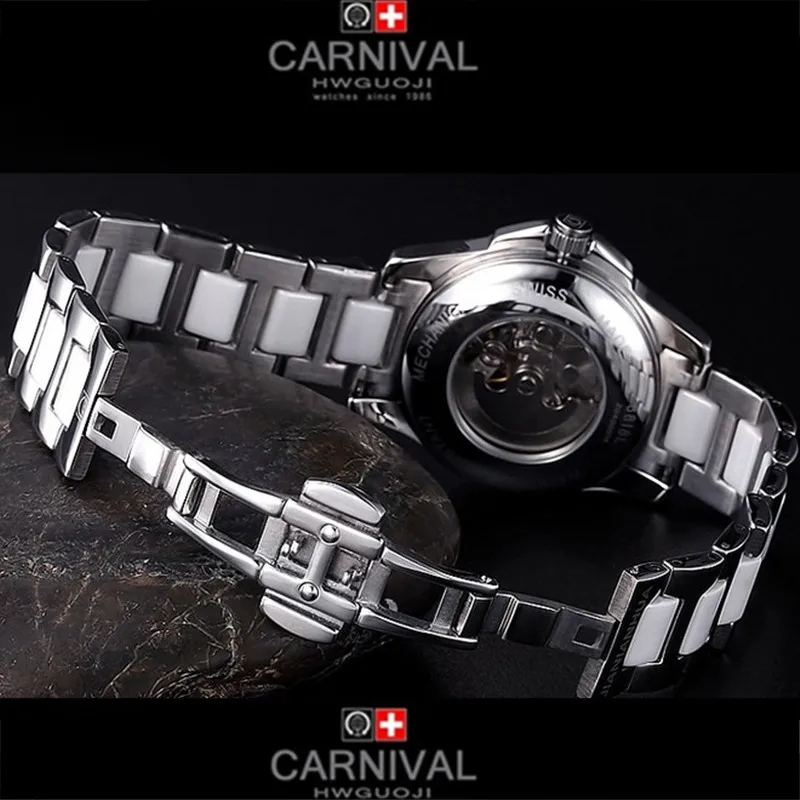 Carnival ceramic waterproof military automatic mechanical lovers watch white dress fashion luxury brand ladies watches relogio