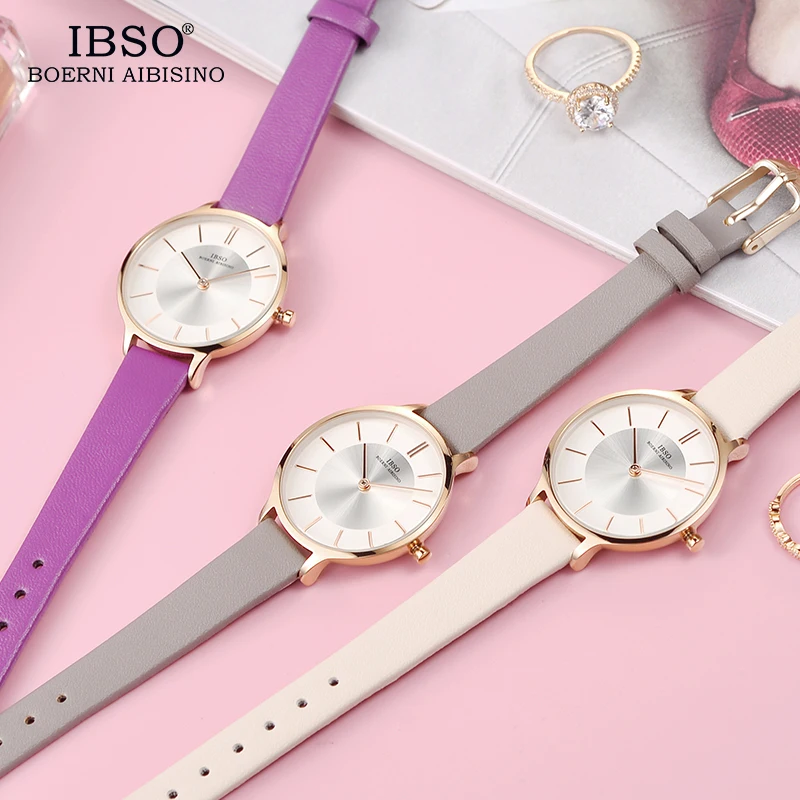 IBSO Brand 8 MM Ultra-Thin Quartz Watch Women Gray Leather Women Watches 2021 Luxury Ladies Watch Montre Femme