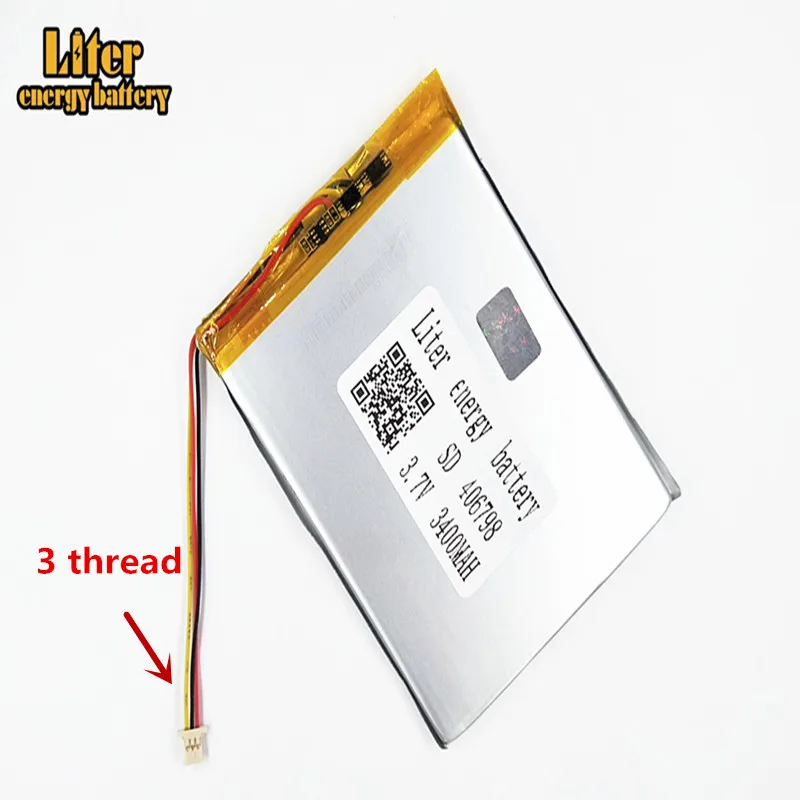 3 thread Polymer battery 3400mah 3.7V 406798 smart home MP3 speakers Li-ion battery for dvr,GPS,mp3,mp4,cell phone