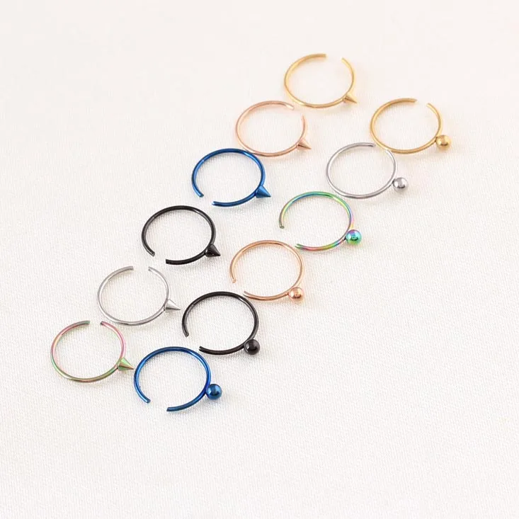 

Hoop Nose Ring Ball Cone Earring Fake Stud Open 20G 8mm Colorful Medical Nostril Clip On Body Piercing Jewelry