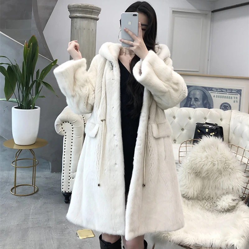 2023 Fashion Copenhagen Mink Whole Fur Women X-long Natural Real Girl Coat with Hood  Winter Thick Warm Female Mink Fur Jacket