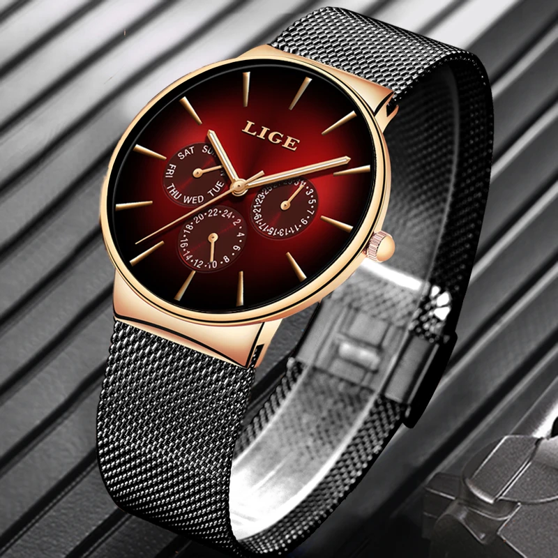 LIGE New Fashion Mens Watches Top Brand Luxury Quartz Watch Men Mesh Steel Waterproof Ultra-thin Wristwatch For Men Sport Clock