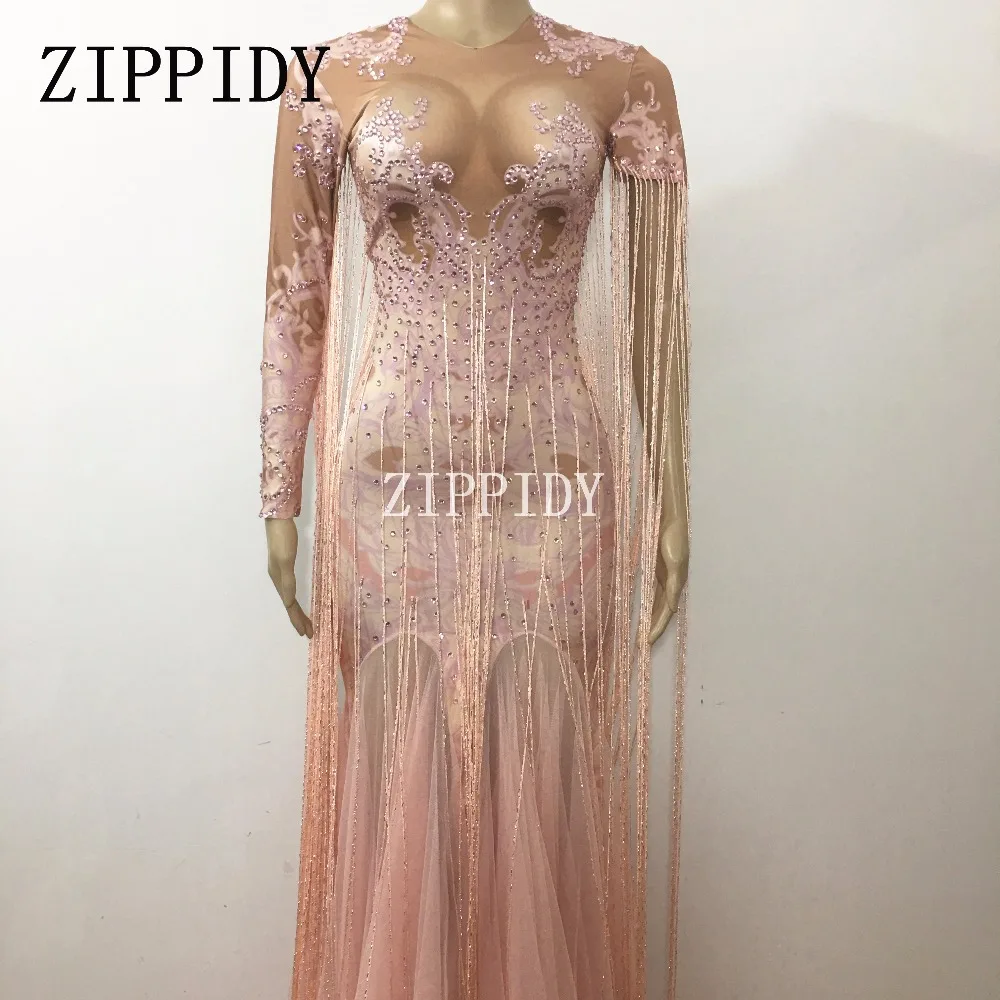 

Sexy Tassel Guaze Bright Rhinestones Long Style Pink Dress Nightclub Female Singer Prom Birthday Dress Women Dance DS Stage Wear