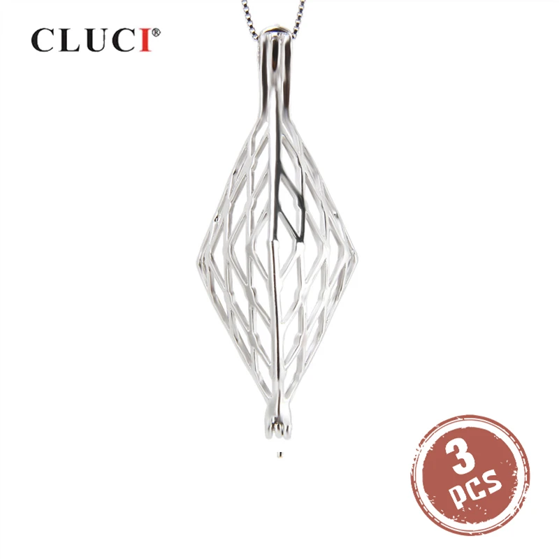 

CLUCI 3pcs 925 Sterling Silver Rhombus Cage Pendant Women Necklace Jewelry Accessory Silver 925 Big Pearl Locket SC180SB