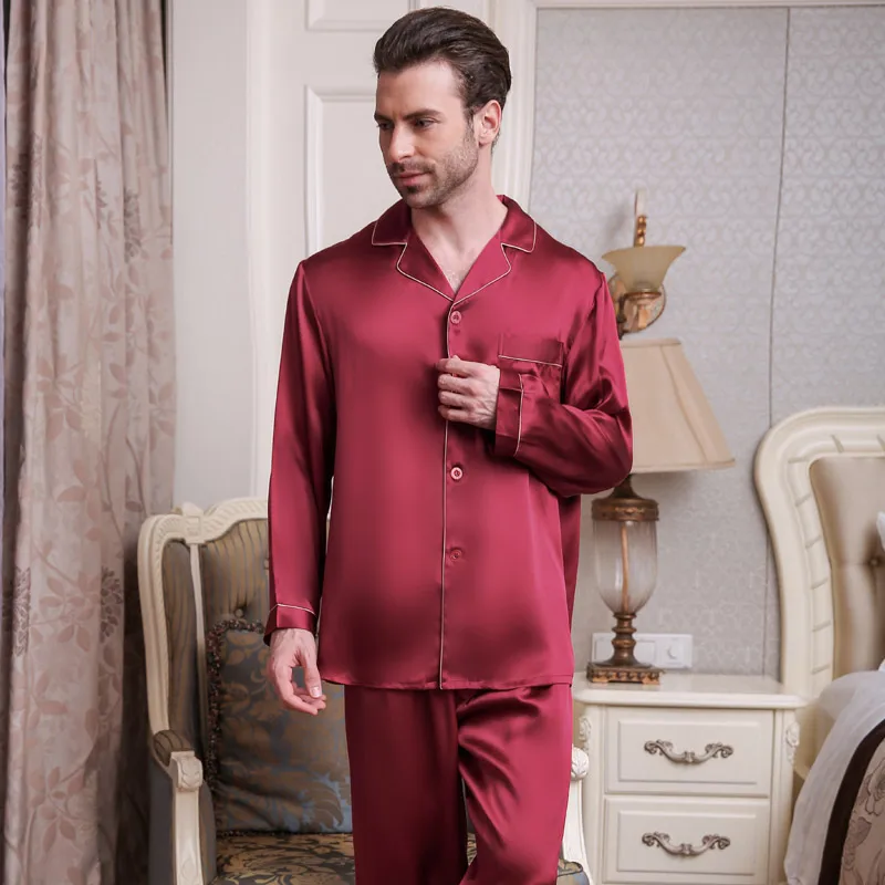 Pyjama en soie véritable pour homme, vêtements de nuit, printemps été, manches longues, pantalon deux pièces, 100% soie de ver, T9002