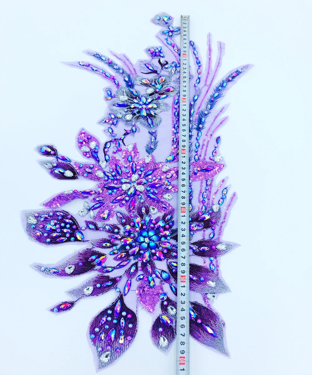 Three-dimensional flower sew on rhinestones beads purple lace applique trim patches 60*28cm for dress accessory