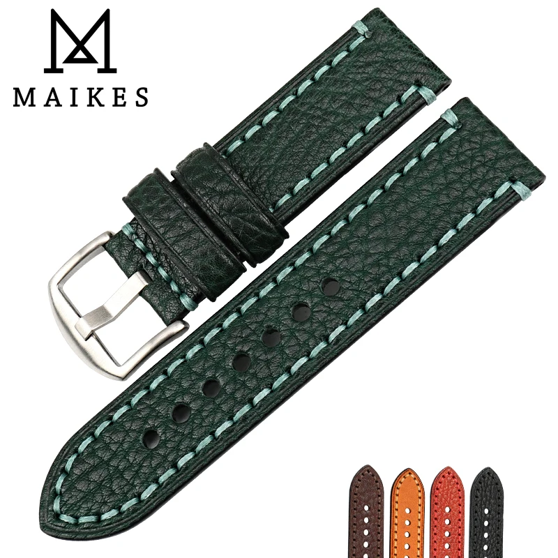 MAIKES Fashion Watch Band For PANERAI Genuine Cow Leather Watch Strap Green 20 22 24 26mm Watch Accessories Watchband