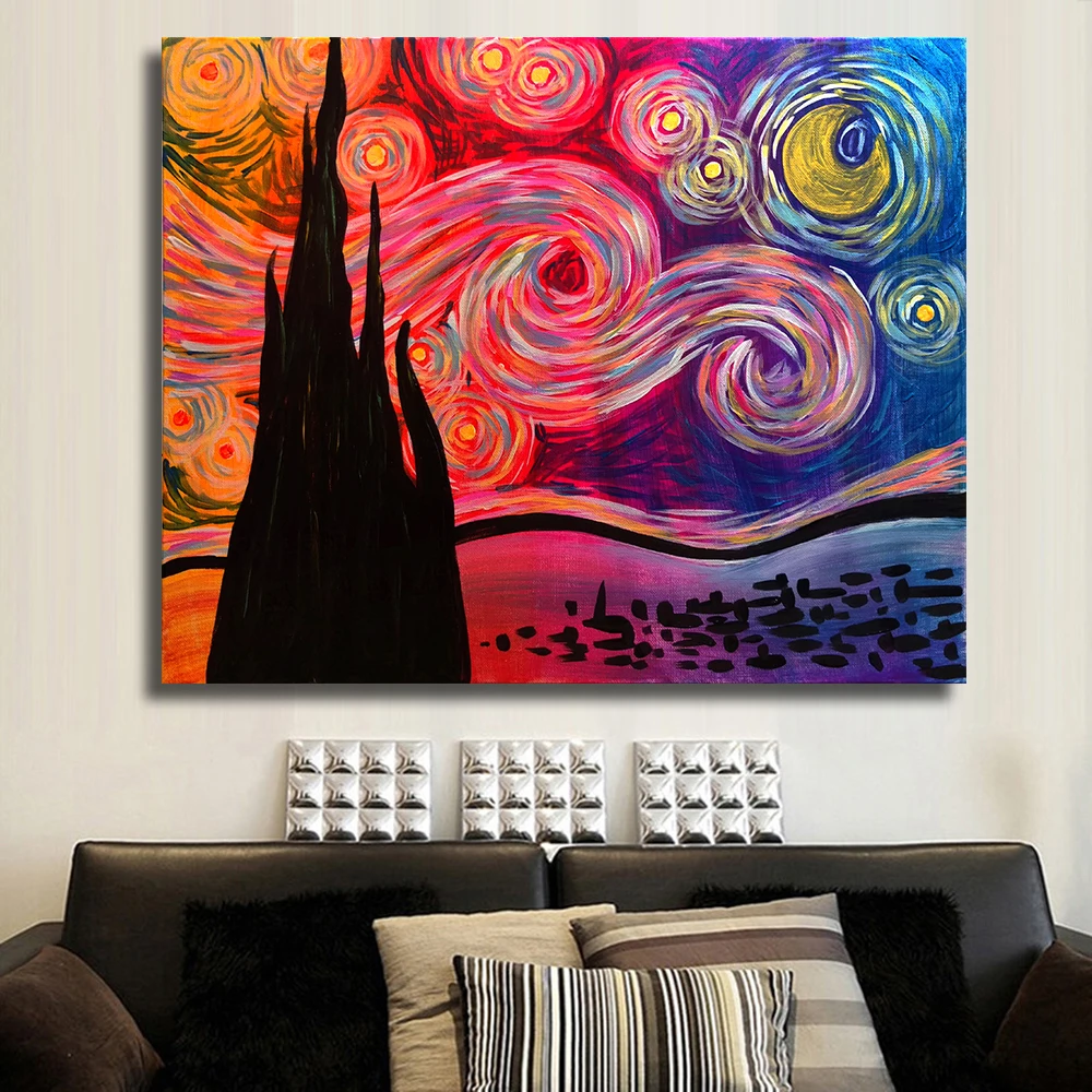 hand painted Frameless Landscape Psychedelic Starry Night Oil Painting Canvas Wall Pictures for Living Room Home Decor Posters