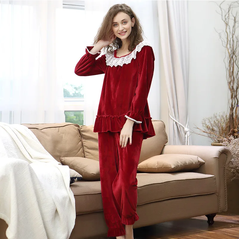 New Arrival Women Super Soft Flannel Pajamas Set Womens Winter Sweet Princess Sleepwear Pijamas Vestidos 8A237