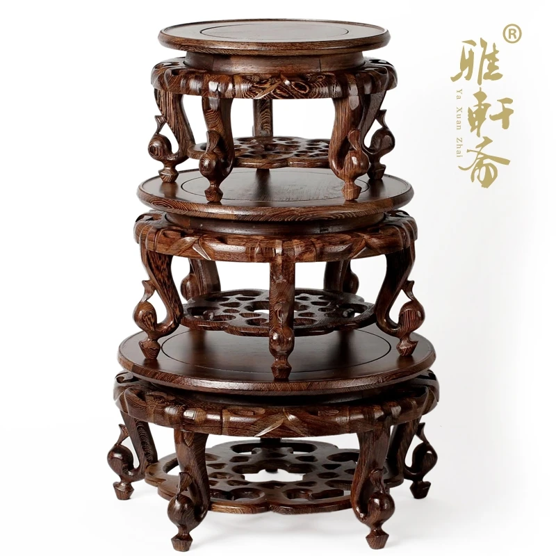 Ya Xuanzhai rosewood shelf bonsai flowerpot base set of three large wooden flower base carved fishbowl rack