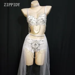 Fashion Silver Rhinestones Bra Short Trains Outfit  Costume Tail Bikini Women Singer DS DJ Stage Evening Outfit Set