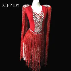 New Red Tassel Crystals Stretch Bodysuit Big Stones Epaulet Outfit Birthday Celebrate Outfit Female Singer Show Evening Costume