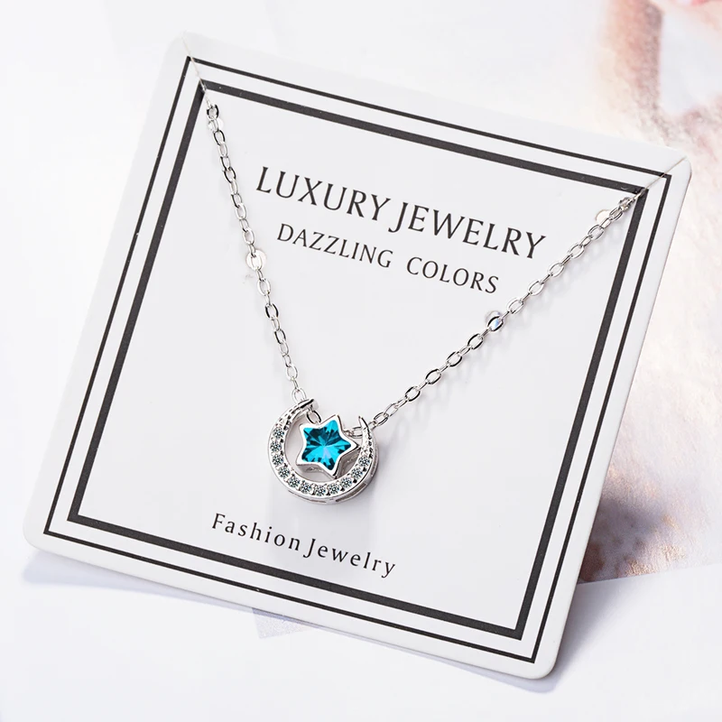 KOFSAC New Charm Silver 925 Chain Necklace Luxury Blue Crystal Star Micro-Inlay CZ Moon Pendant Necklaces For Women Jewelry Gift