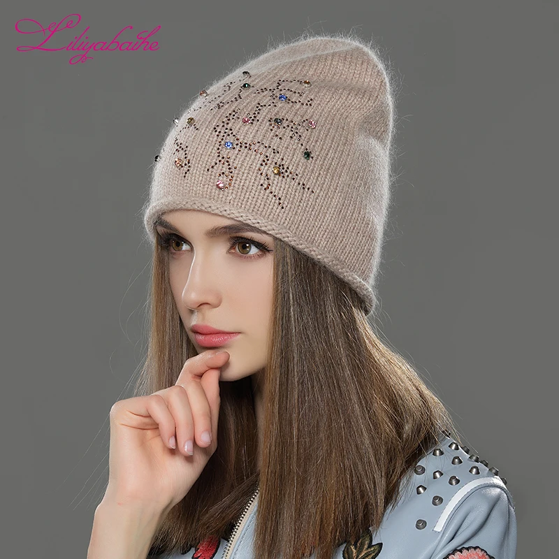 LILIYABAIHE Women Autumn And Winter Hat angora Knitted Skullies Beanies Cap Classic color diamond decoration hats for Girls