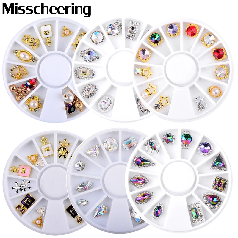 

1 Wheel 3D Charm Alloy Rhinestones Nail Art Decorations Perfume Bottle Bow Flowers Triangle DIY Nail Jewelry Supplies