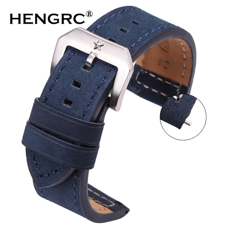 24mm Cowhide Watchband Black Brown Gray Blue Women Men Genuine Leather Watch Strap Bracelet Watch Accessories Pentagram Buckle