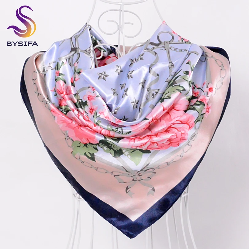 [BYSIFA] China Silk Scarf Shawl For Women 2016 Winter Peony Chain Design Large Square Scarves Wraps Spring Autumn Head Scarves