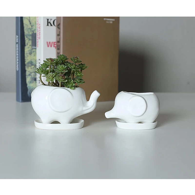 2pcs Cute Elephant White Ceramic Flower Pots with Tray for Succulents, Cactus Plants, Mini Pot Planter, Home Garden Decoration