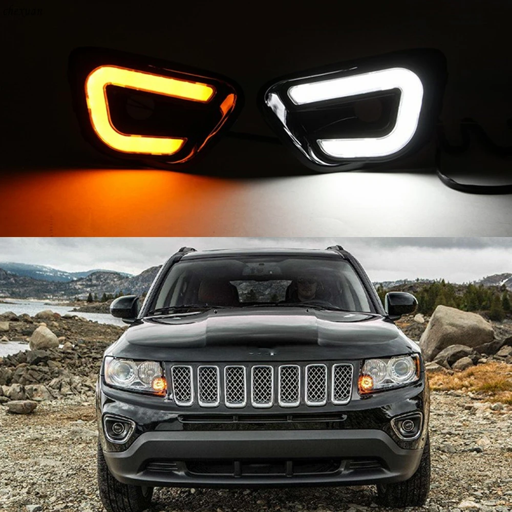 CSCSNL 1 set LED DRL Daytime Running Lights With turnning yellow signal Lamp For Jeep Compass 2011 2012 2013 2014 2015 2016