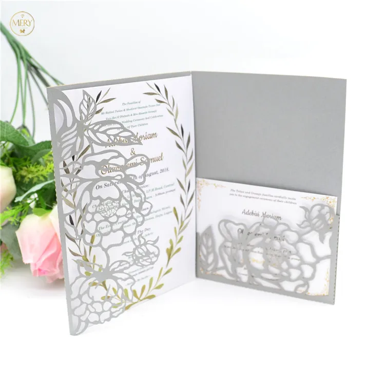 

Bright silver laser cut Tri fold invitation cards for weddings