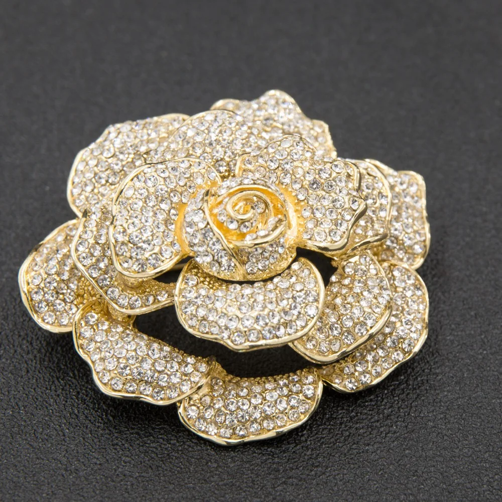 Rhinestone Crystal  Rose Flower Brooch Pin  Wedding Bridal  Woman  Jewelry Free shipping FA5066GOL