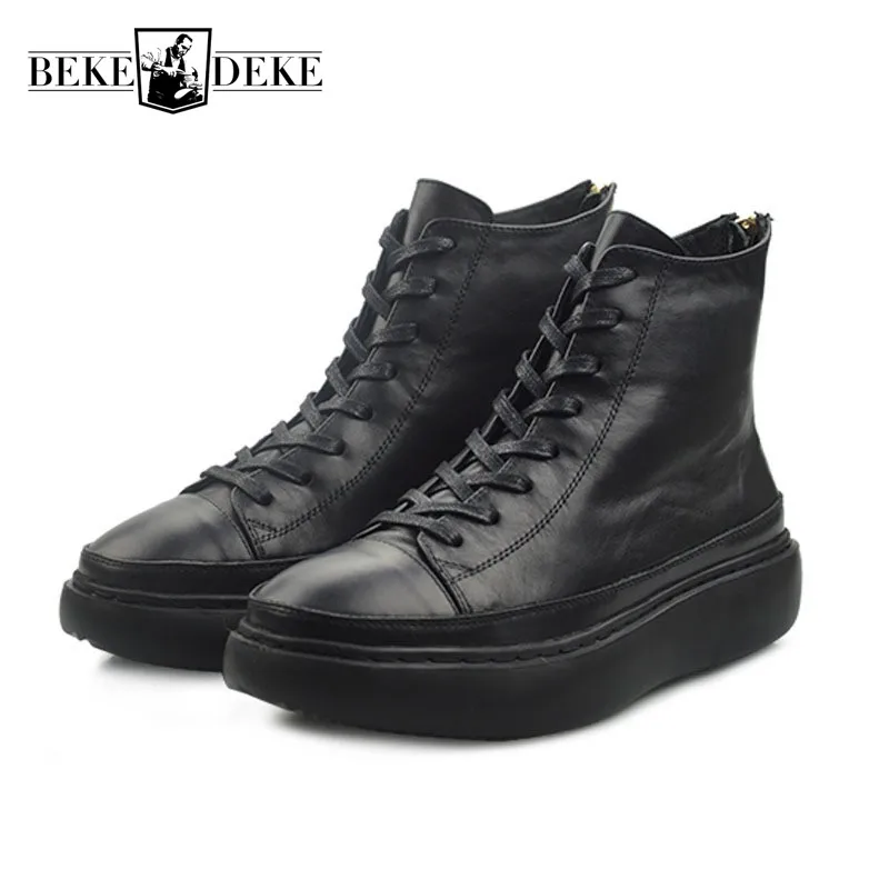 New High Top Mens Platform Shoes Zip Genuine Leather  Boots Med Heels Hip Hop Lace Up Punk Trainers Bikers Ankle Boot