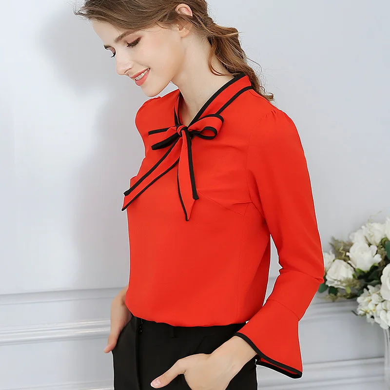 Spring Summer Chiffon Shirt Office Ladies New Korean Solid Color Blouses Women Fashion Bowknot Casual Elegant Top Clothes H9120