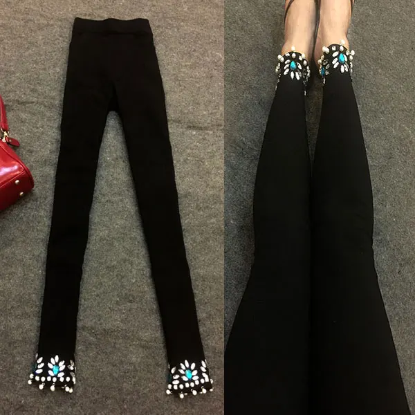 spring summer national style pearls women skinny rhinestones ankle length leggings