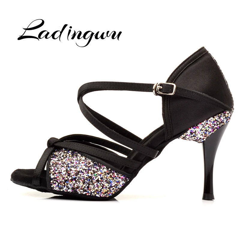 Ladingwu New Women\'s Dance Shoes Black Satin And Glitter Latin Dancing Shoes Salsa Soft Bottom Ballroom Dance Shoes Custom 8.5cm