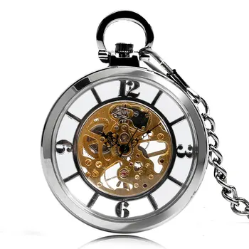 Argento trasparente mano vento meccanico orologio da tasca uomo donna Open Face Vintage Steampunk scheletro orologio ciondolo catena regalo