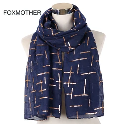 FOXMOTHER 새로운 패션 네이비 화이트 핑크 호일 골드 격자 무늬 크로스 이슬람 hijab Scarfs 목도리 랩 스카프 숙녀 Bufanda Echarpe