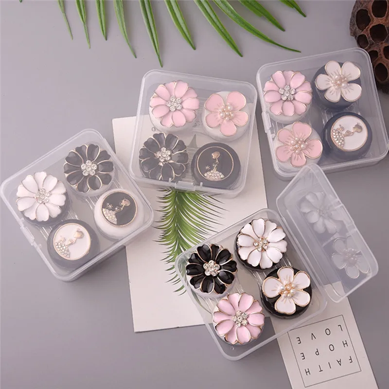 2 Pairs New Resin Flowers Mixed Color Contact Lenses Case For Women With Transparent Box Lens Container Holder Travel Kit