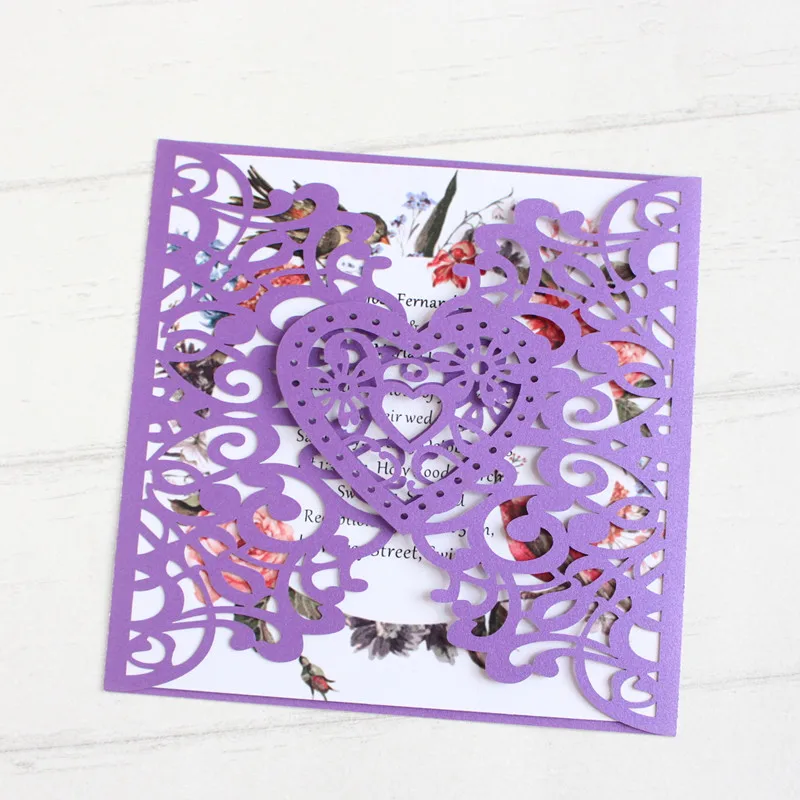 

Purple wedding invitations laser heart valentine's day gift cards custom printing 50pcs