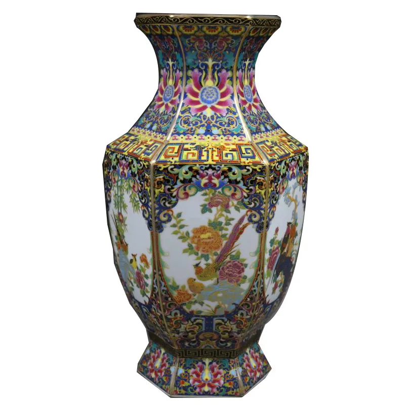 Qing Qianlong Enamel Colorful Flowers and Birds Hexagonal Vase Antique Home Decoration Porcelain Decoration Antique Collection