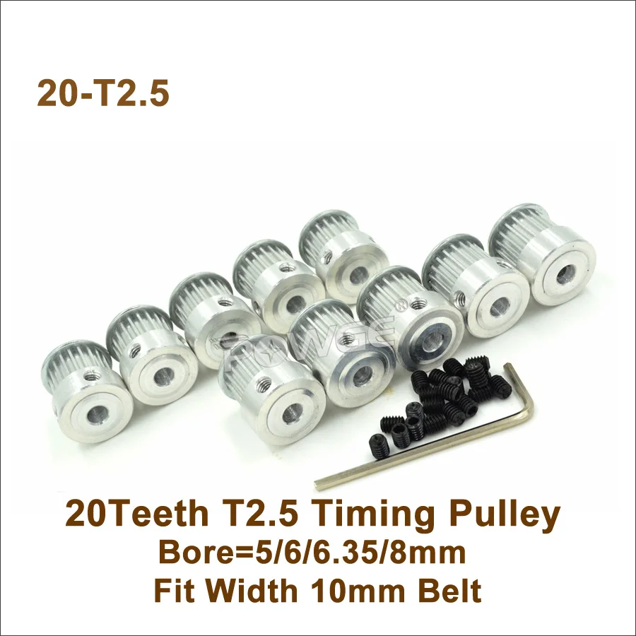 POWGE 20 Teeth T2.5 Timing Pulley Bore 5/6/6.35/8mm For Width=10mm T2.5 Timing Belt For 3D Printer 20T 20Teeth T2.5 Pulley