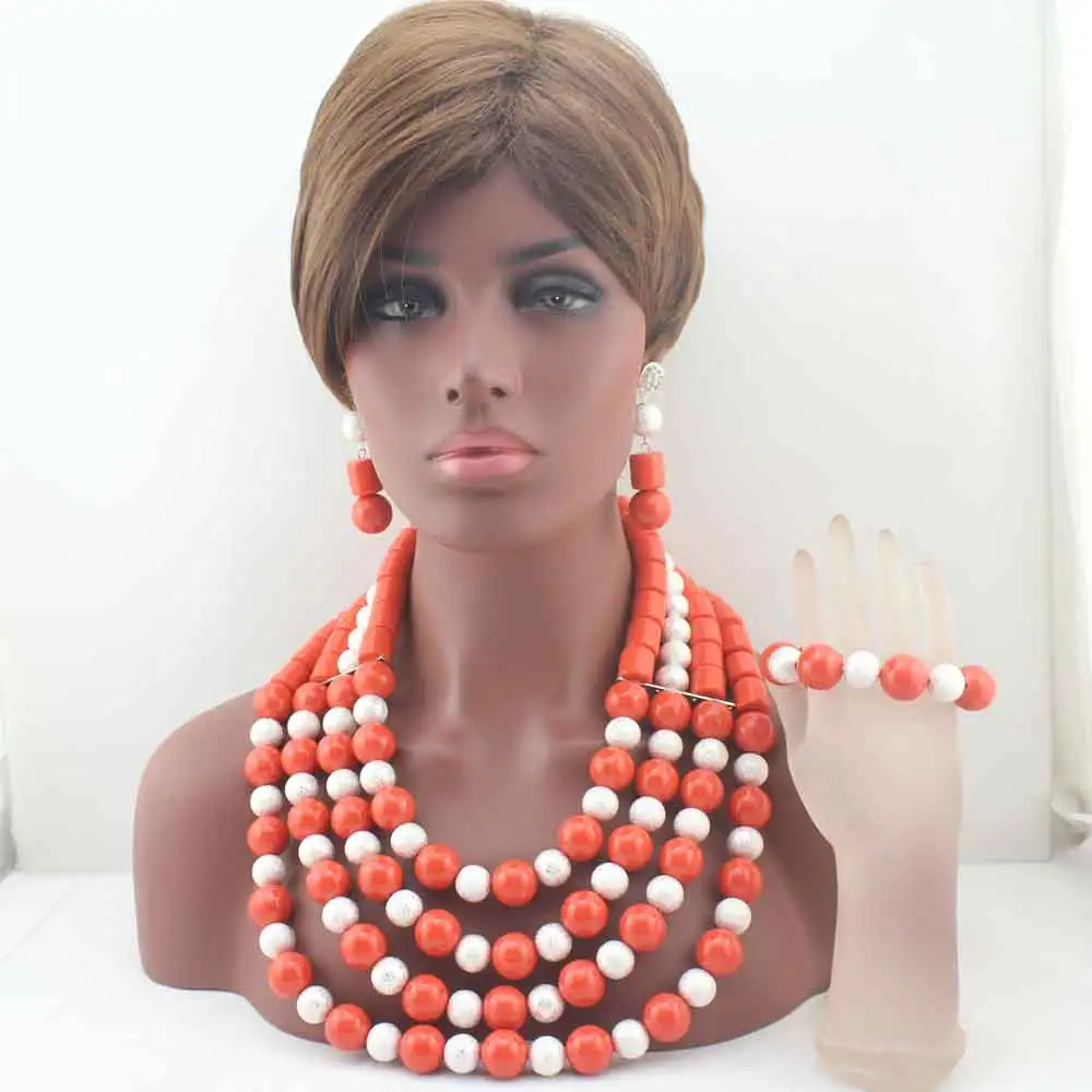 

Luxury Long nigerian Wedding african Coral Beads Jewelry Set Brides Bib Beaded Statement Necklace Set W13596