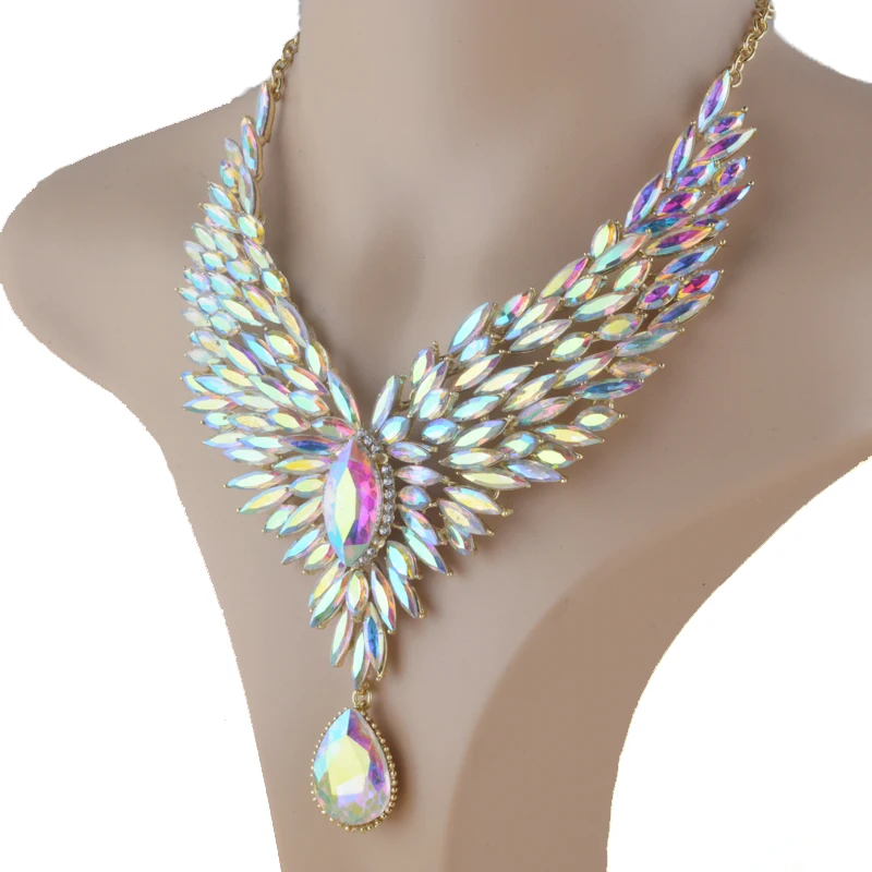 Bridal Wedding Jewelry Aurora Color Rhinestone Crystal AB For Women\'s Party Necklace Earrings Set Peacock Wig Dropwater