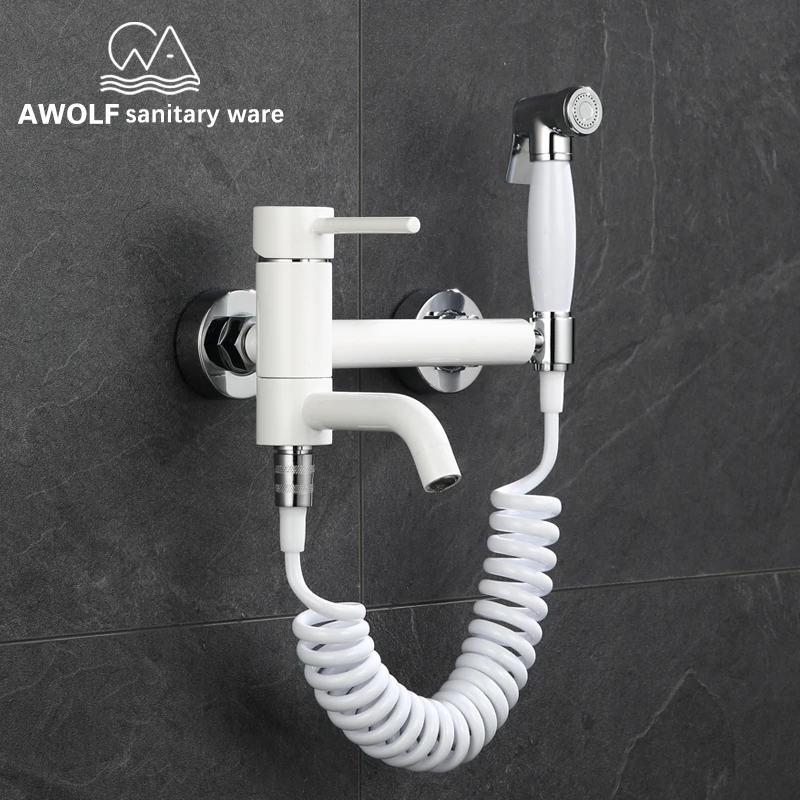 Chrome & White Toilet Bidet Sprayer Solid Brass Hot and Cold Hand Held Shattaf Toilet Washer Shower Mixer Douch Kit AP2135