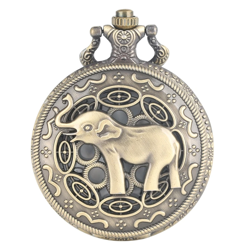 3D Cute Long Nose Elephant Figure Retro Bronze Hollow Necklace Quartz Pocket Watch Fashion Pendant Watches for Men Women Kids