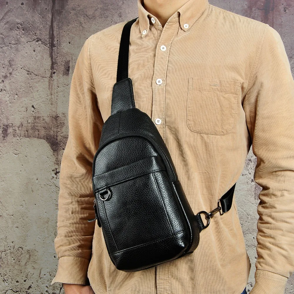 Hot Sale Genuine Leather Men Casual Fashion Coffee Travel Triangle Chest Sling Bag Design Tea One Shoulder Bag Daypack Male 8016