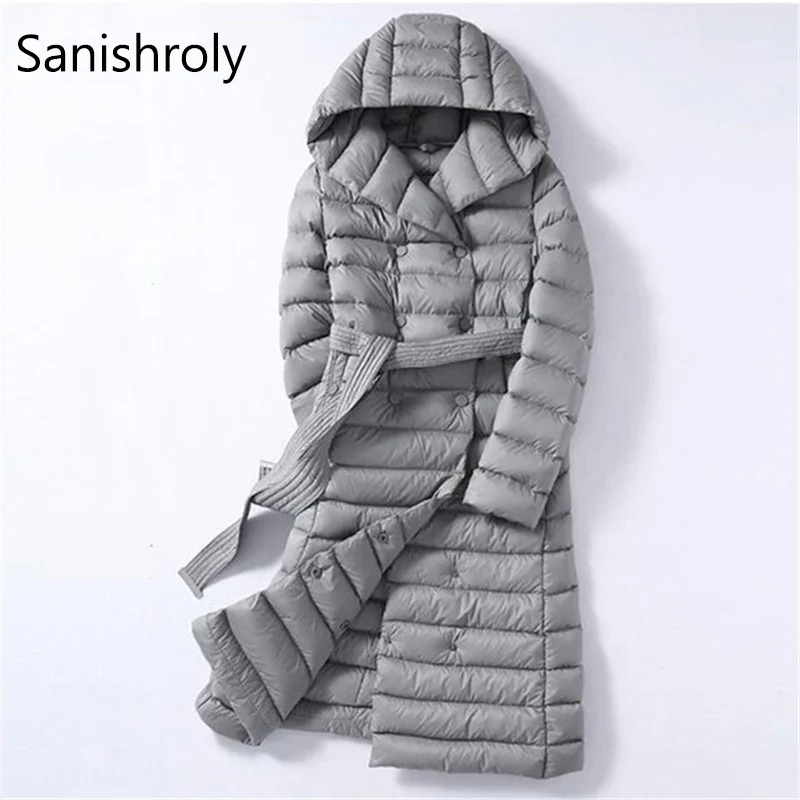 Sanishroly 2022 Winter White Duck Down Puffer Jacket Women Long Ultra Light Down Coat Parkas Female Hooded Outerwear With Belt