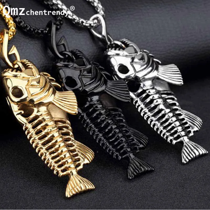 Stainless Steel Fishing Hollow Black Golden Jewelry Unique Fish Bone Pendant Necklace Personality Vintage Box Chain Jewelry