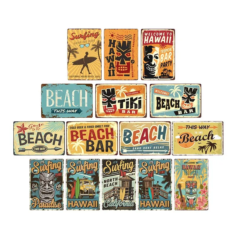 Vintage Surfing Time Poster Summer Tiki Bar Tin Sign Old Rusty Beach Bar Retro Rusty Board Metal Signs 20x30cm