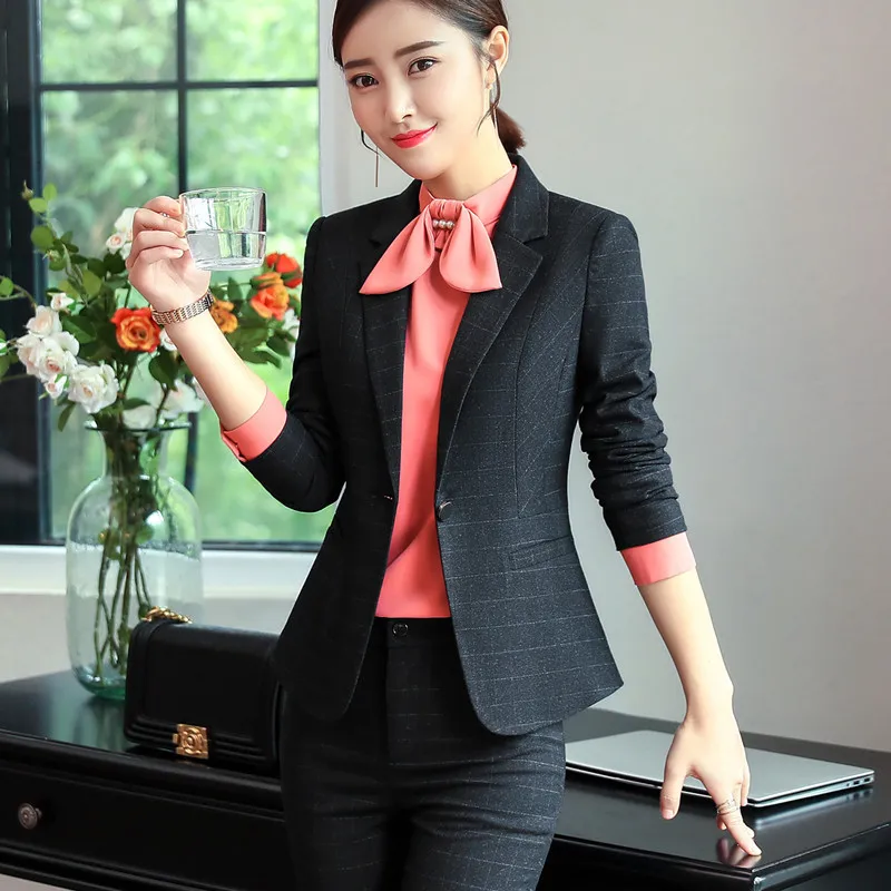 Naviu New Fashion Paid Pants Suit Women Business Interview Long Sleeve Blazer and Trousers Office Ladies Uniform Work Wear