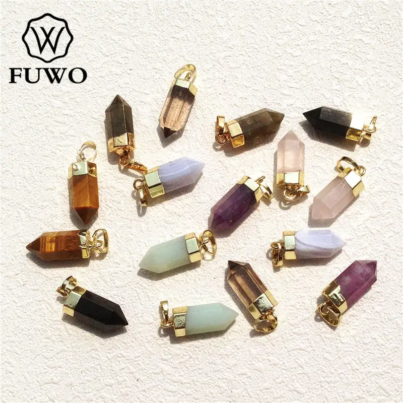 FUWO Wholesale Lovely Natural Crystal Point Pendant,Golden Plated Bullet Shape Quartz Accessories For Jewelry Making 5Pcs PD125