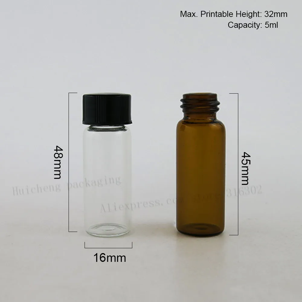 500pcs 5ml Empty clear screw neck glass bottle amber glass vials with plastic Lids sample vial for Essential oil use