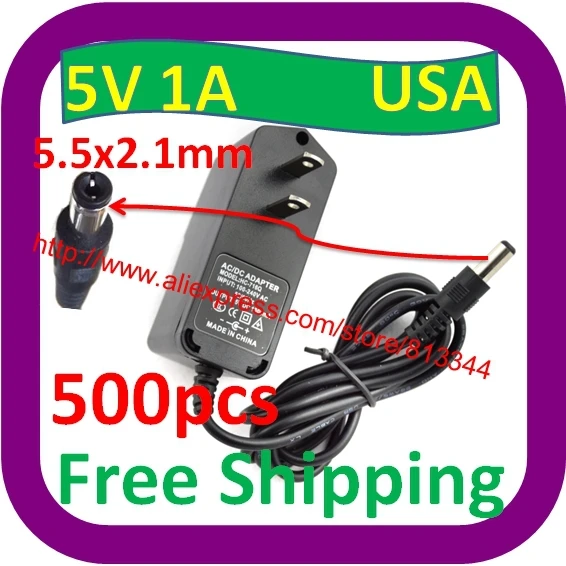 

500 pcs AC DC 5V 1A 5.5x2.1mm Adapter Charger Converter Switching Power Supply Cord 5w adapter