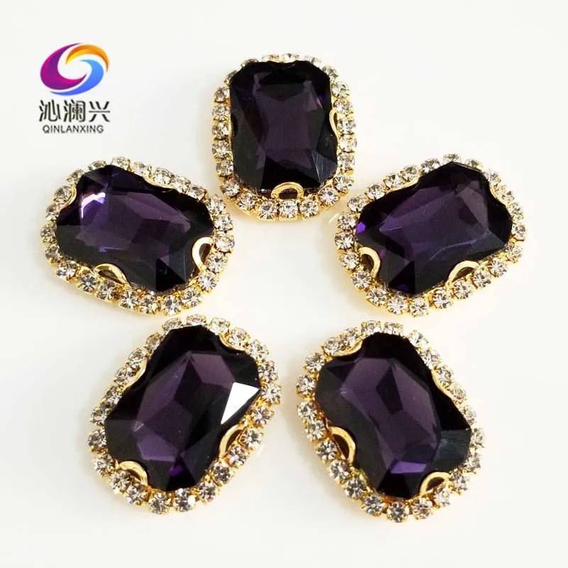 

Gold bottom Deep purple Rectangle shape top quality glass crystal buckle,sew on rhinestones for diy jewelry accessories SWCBG18