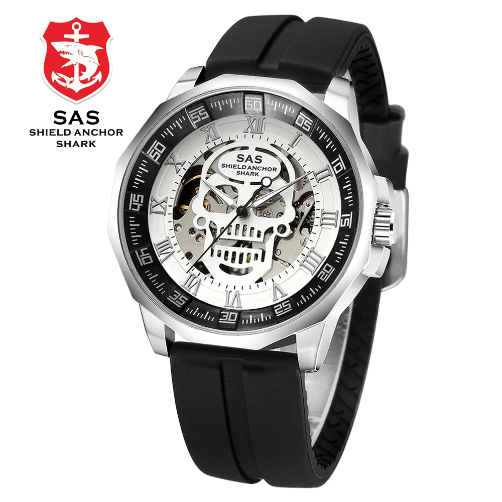 Shark Sports Watch Men Fashion 3D Skull Design SAS Shield Anchor Vintage Mechanical Watches Silicone Strap Skeleton Wirstwatch